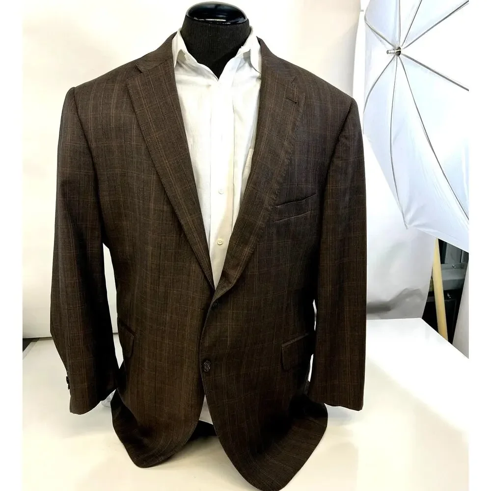 Peter Millar Men's Blazer Sport Coat Jacket Brown Plaid Glen Check Wool 48